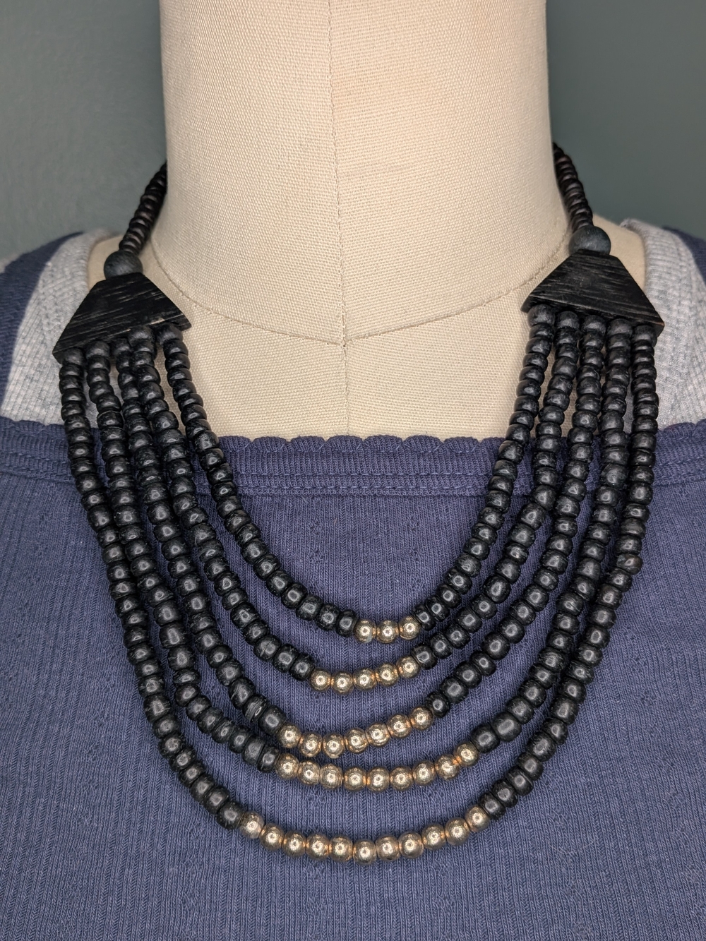 Vintage Boho Black Wood Bead Multi Strand Necklace Metallic Gold Accent Beads